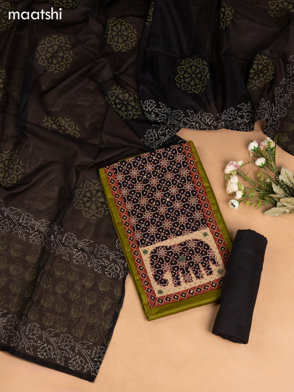 Cotton dress material mehendi green and black with ajrakh patck neck work pattern and bottom & dupatta