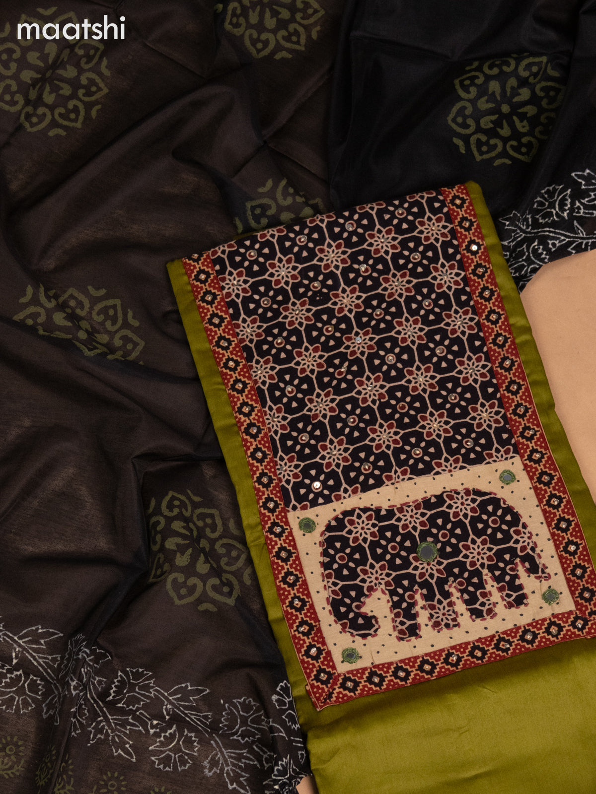 Cotton dress material mehendi green and black with ajrakh patck neck work pattern and bottom & dupatta