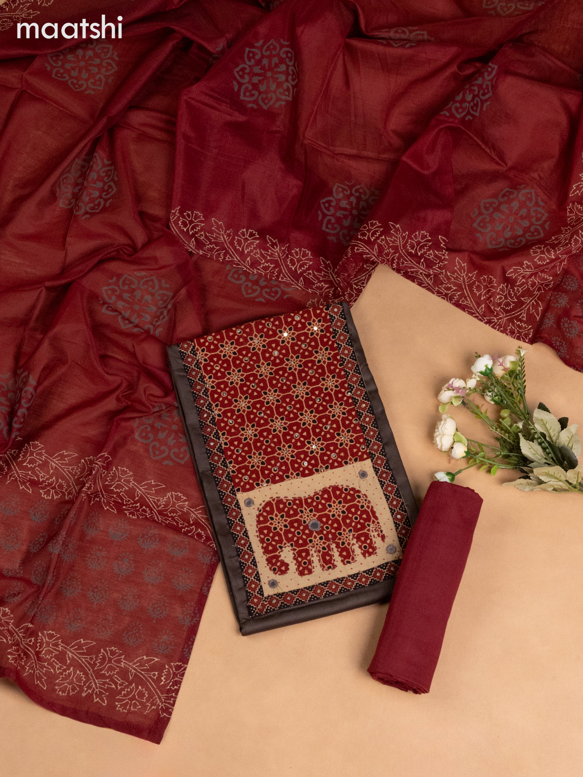 Cotton dress material dark grey and maroon with ajrakh patck neck work pattern and bottom & dupatta