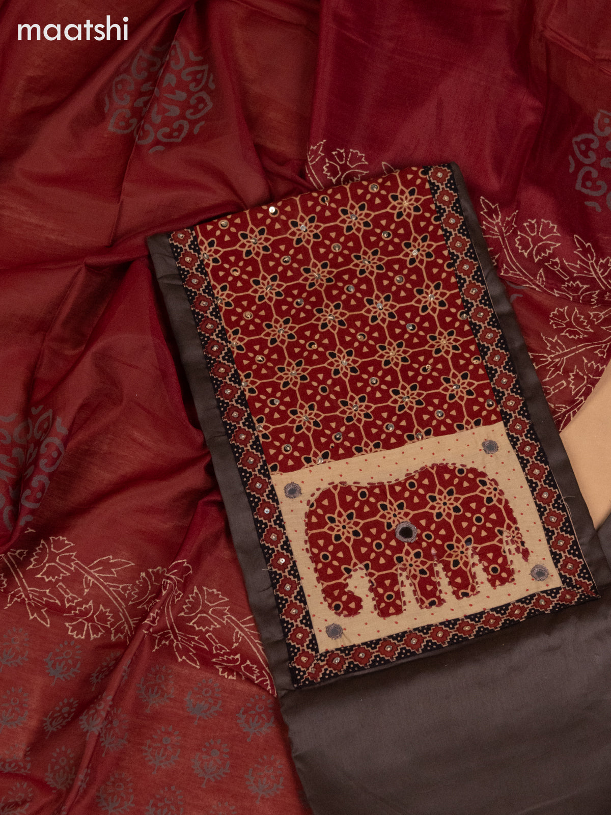 Cotton dress material dark grey and maroon with ajrakh patck neck work pattern and bottom & dupatta