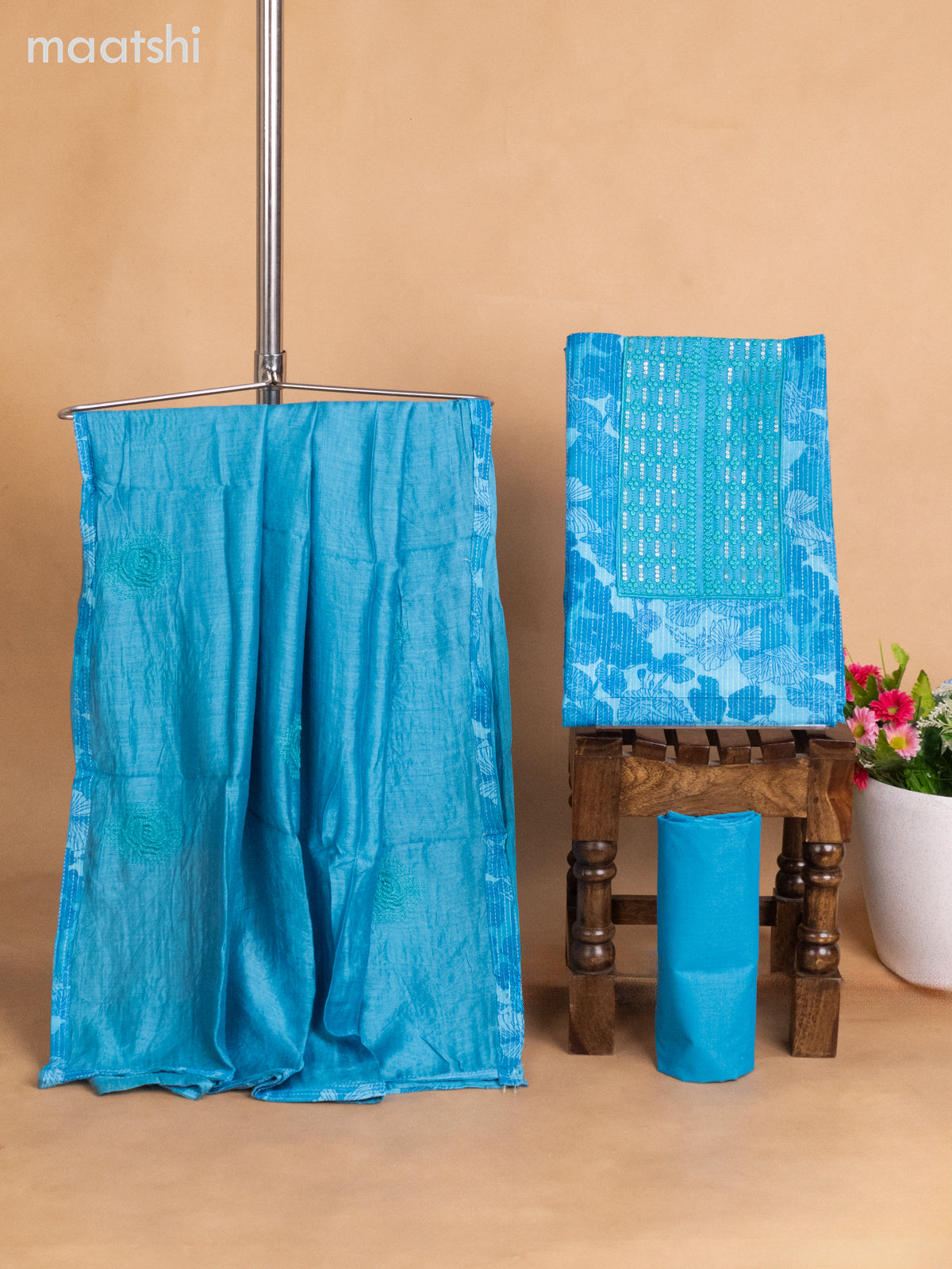 Cotton dress material cs blue with allover floral prints & embroidery sequin work neck pattern and bottom & dupatta