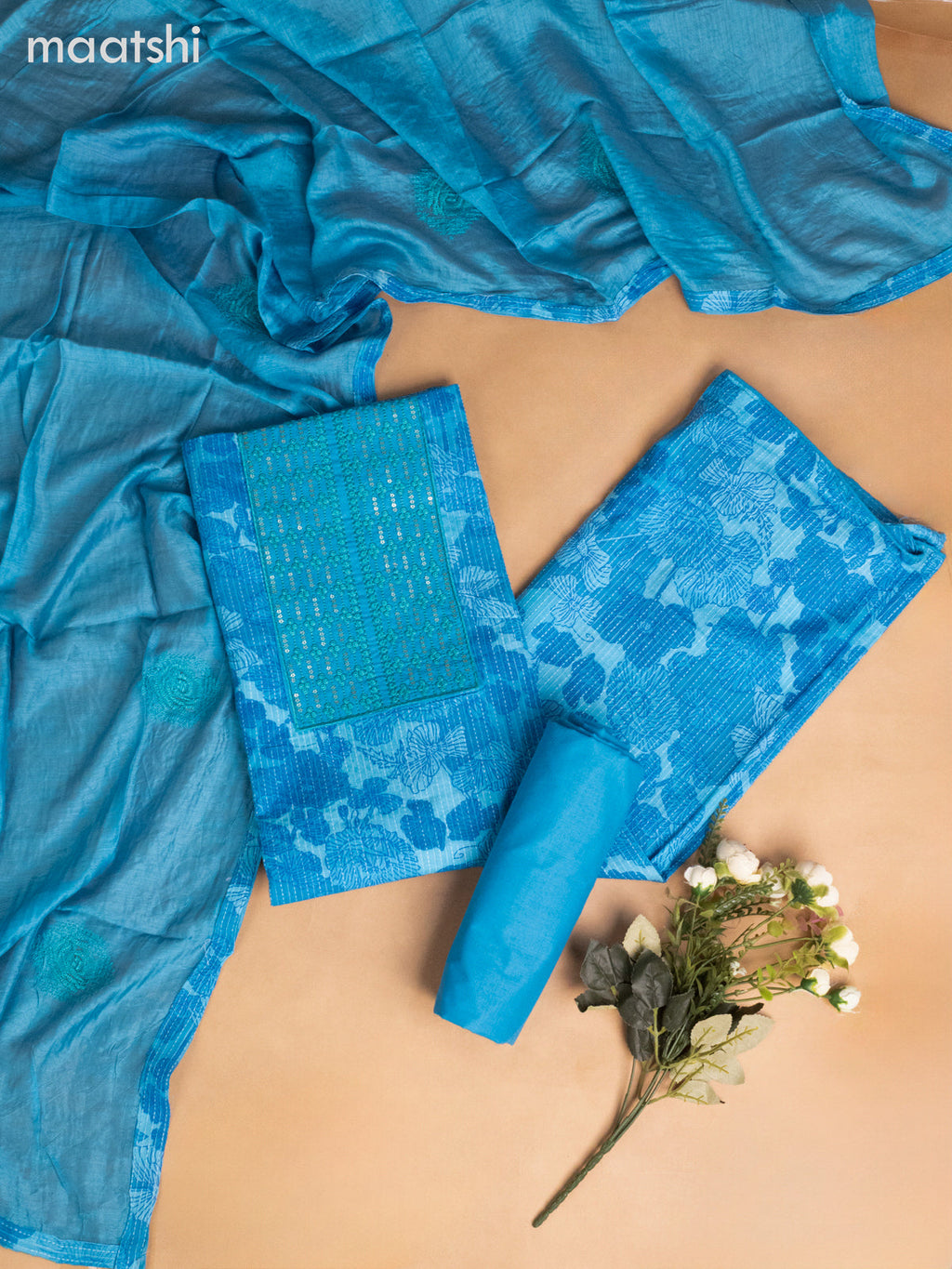 Cotton dress material cs blue with allover floral prints & embroidery sequin work neck pattern and bottom & dupatta