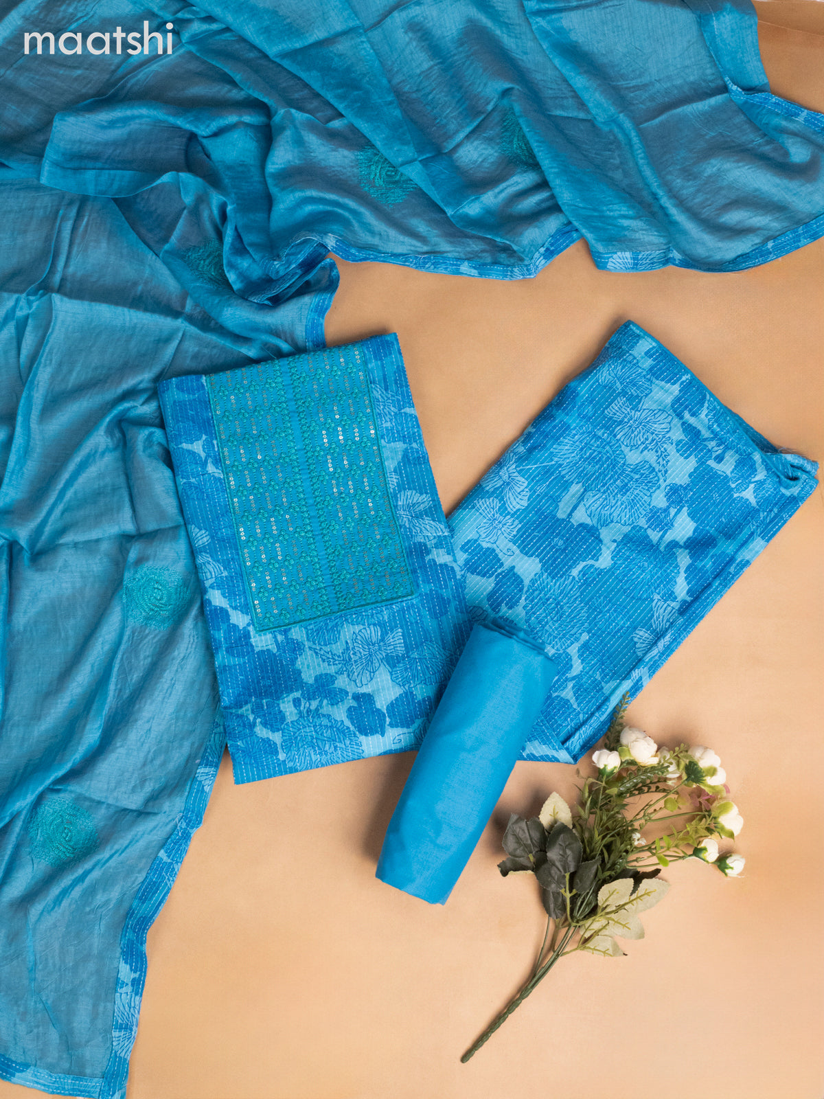 Cotton dress material cs blue with allover floral prints & embroidery sequin work neck pattern and bottom & dupatta