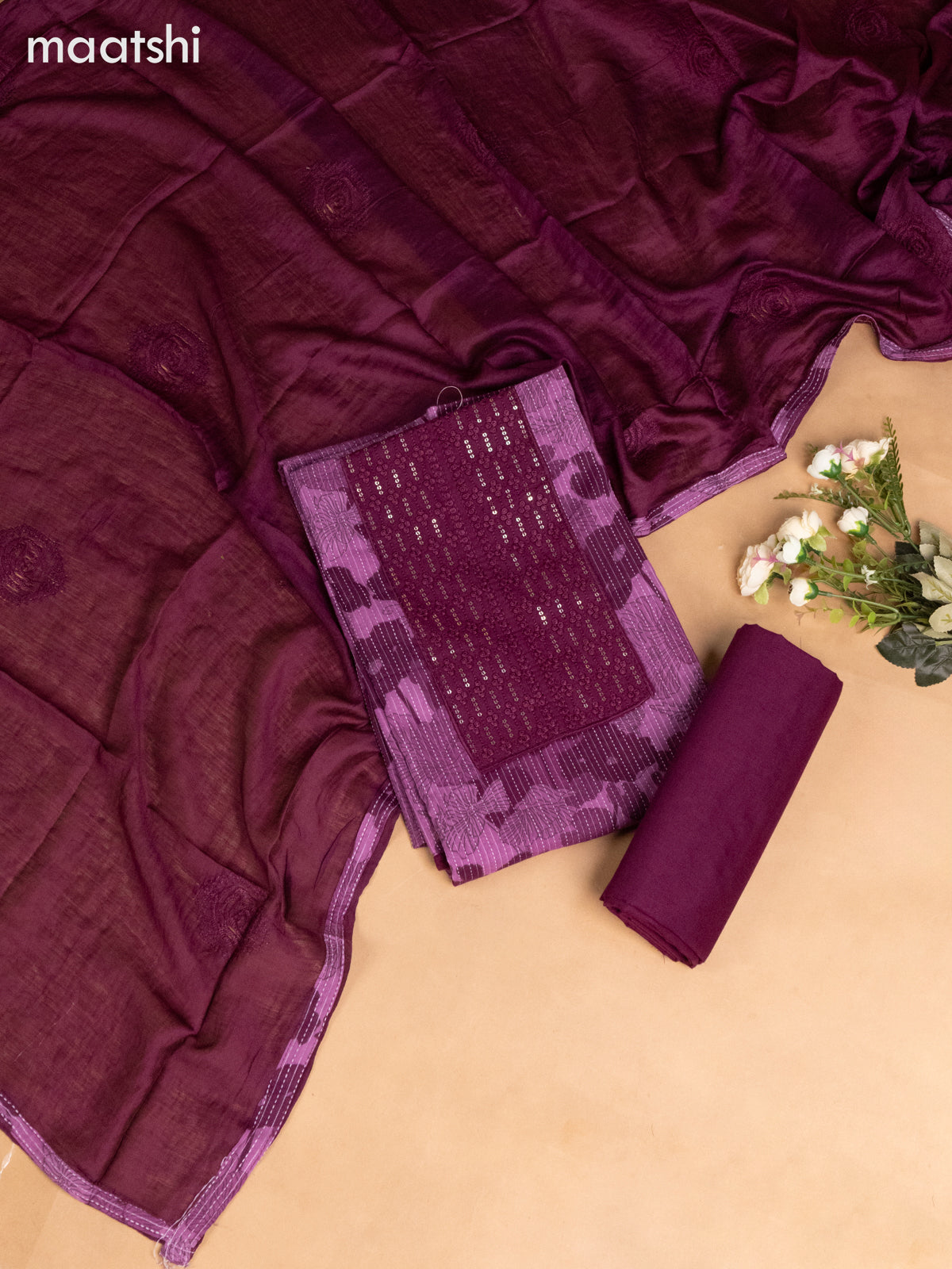 Cotton dress material mauve pink and wine shade with allover floral prints & embroidery sequin work neck pattern and bottom & dupatta