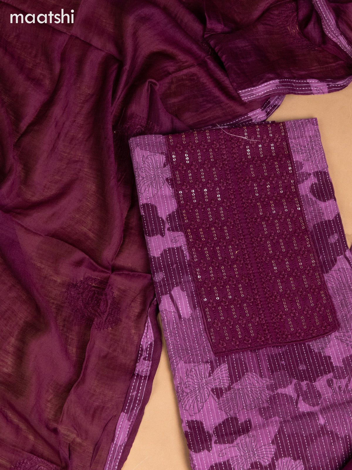 Cotton dress material mauve pink and wine shade with allover floral prints & embroidery sequin work neck pattern and bottom & dupatta