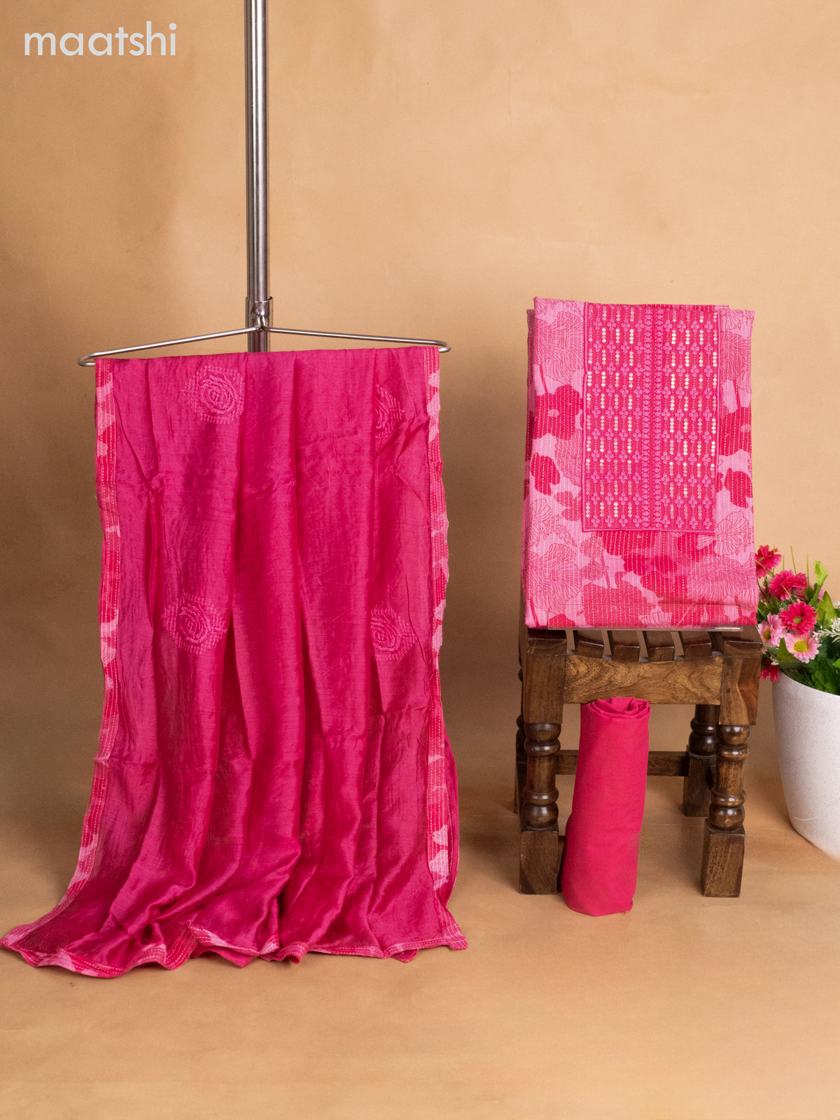 Cotton dress material peach pink with allover floral prints & embroidery sequin work neck pattern and bottom & dupatta