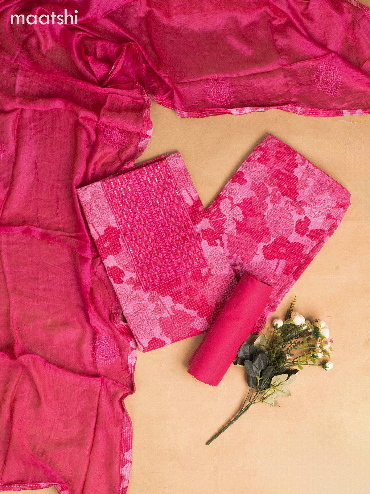 Cotton dress material peach pink with allover floral prints & embroidery sequin work neck pattern and bottom & dupatta
