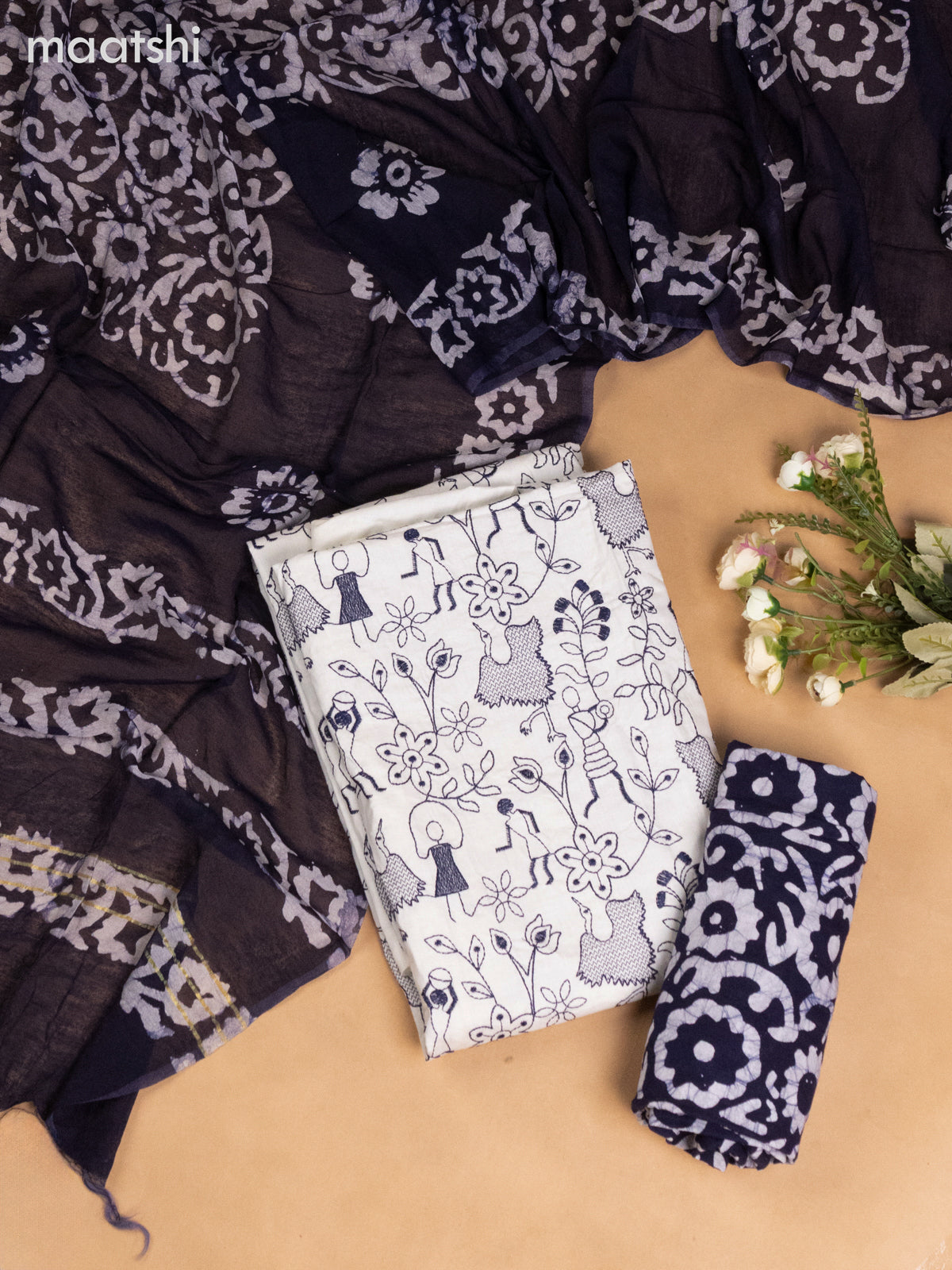 Cotton dress material off white and navy blue with allover warli embroidery work and bottom & batik dupatta