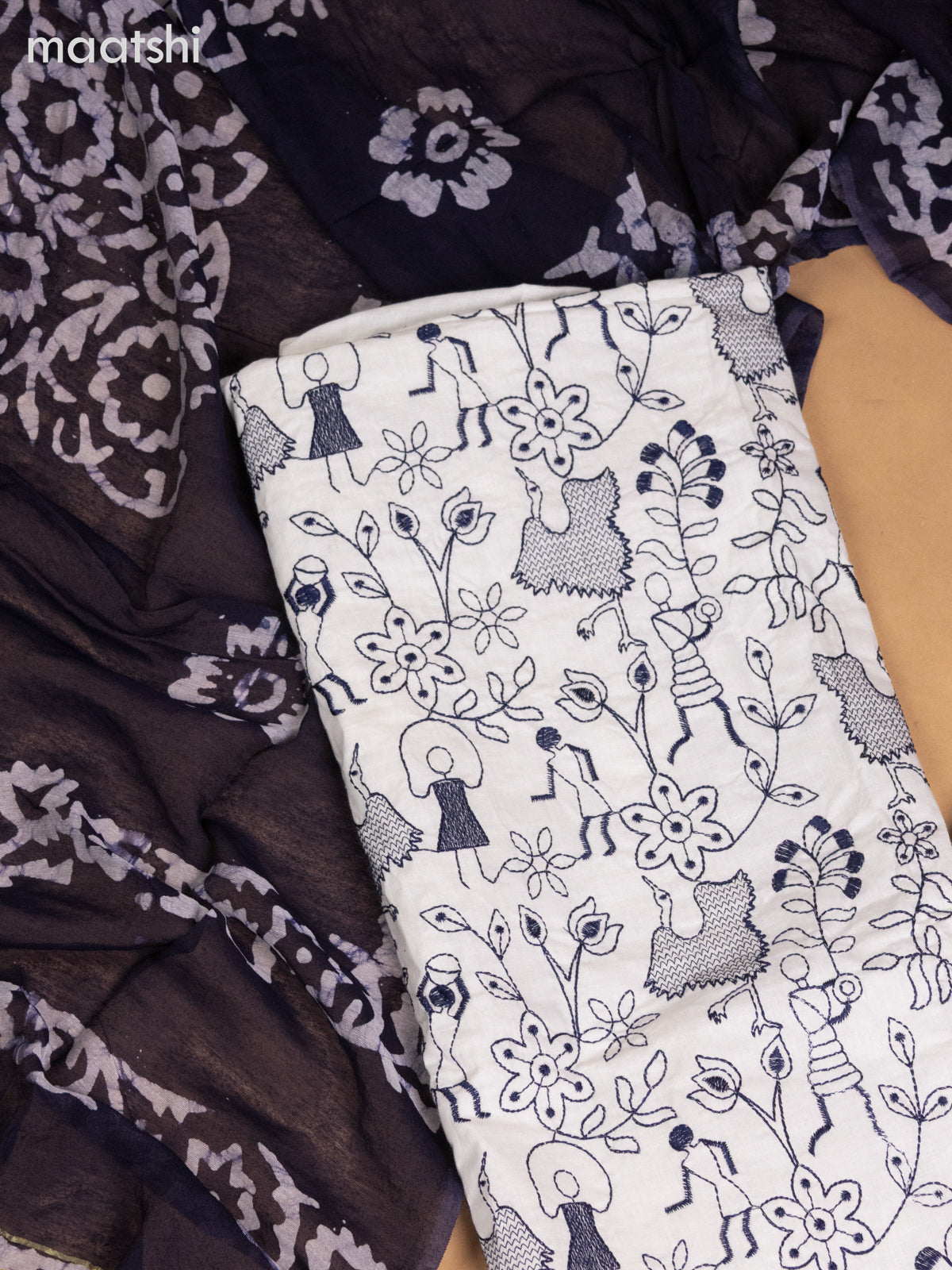 Cotton dress material off white and navy blue with allover warli embroidery work and bottom & batik dupatta