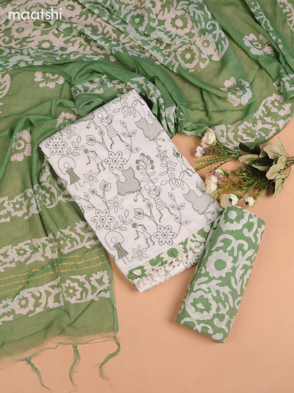 Cotton dress material off white and pastel green with allover warli embroidery work and bottom & batik dupatta