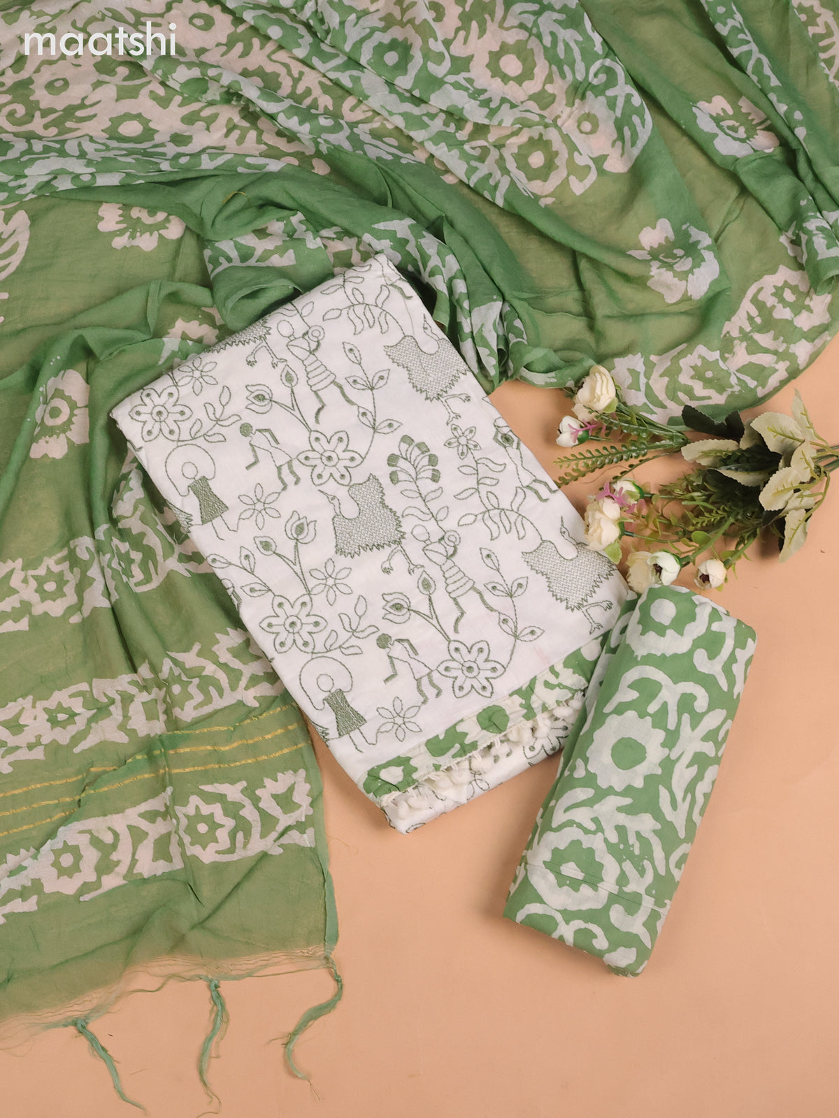 Cotton dress material off white and pastel green with allover warli embroidery work and bottom & batik dupatta