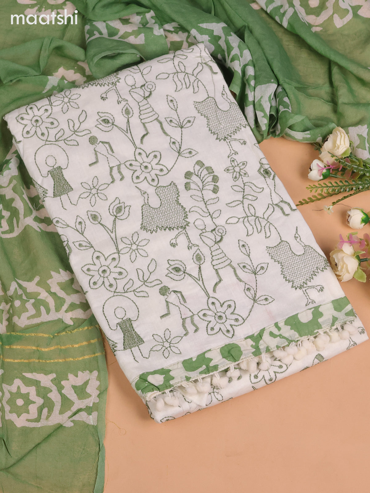 Cotton dress material off white and pastel green with allover warli embroidery work and bottom & batik dupatta