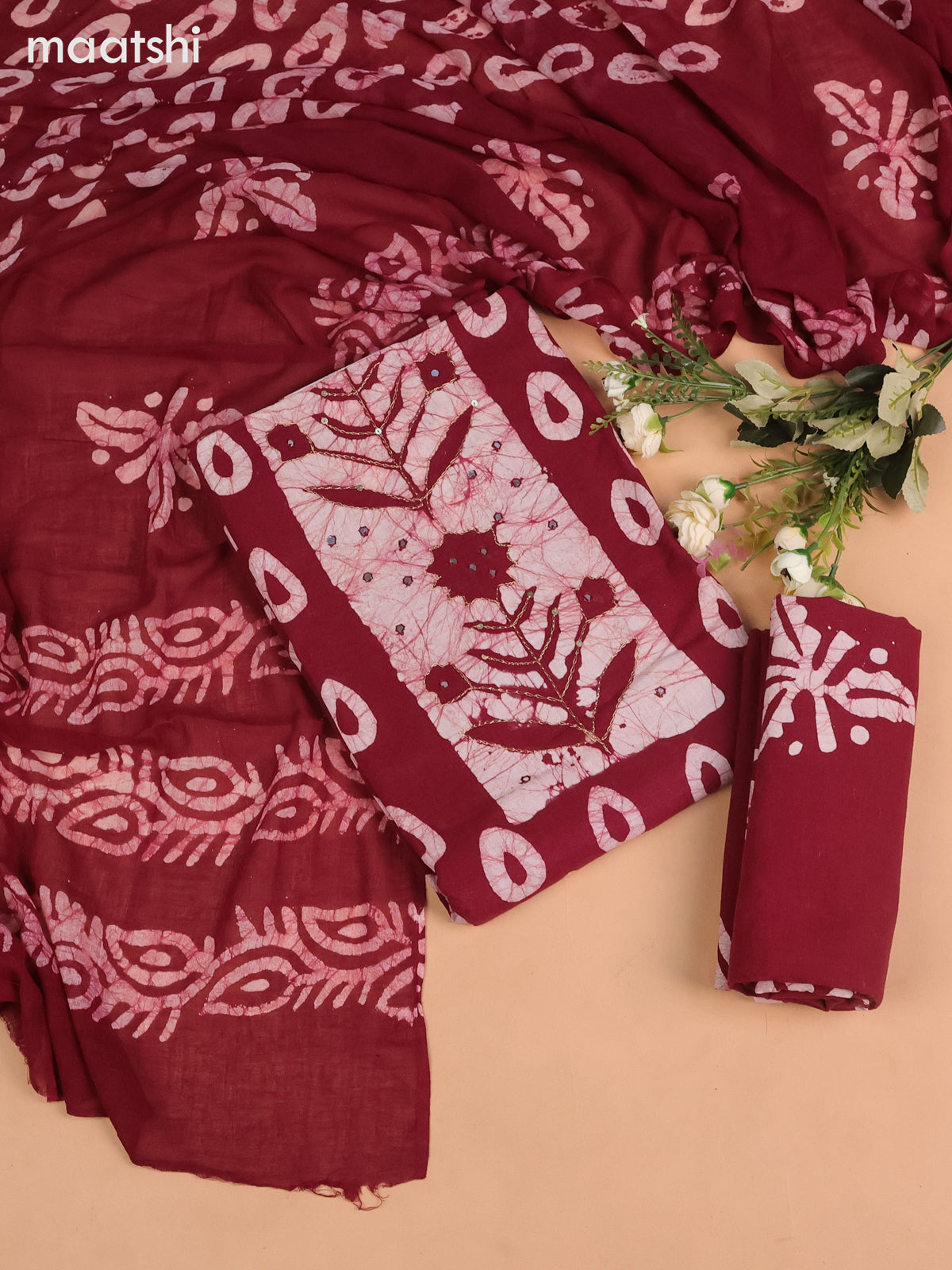 Cotton dress material dark maroon with allover batik buttas & mirror embroidery work neck pattern and bottom & dupatta
