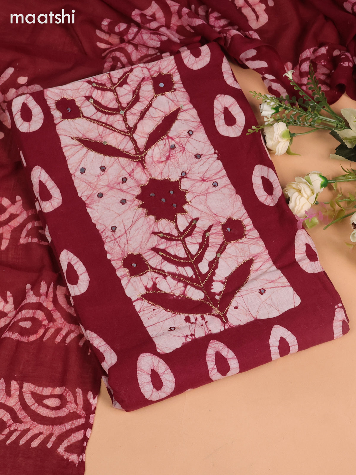 Cotton dress material dark maroon with allover batik buttas & mirror embroidery work neck pattern and bottom & dupatta