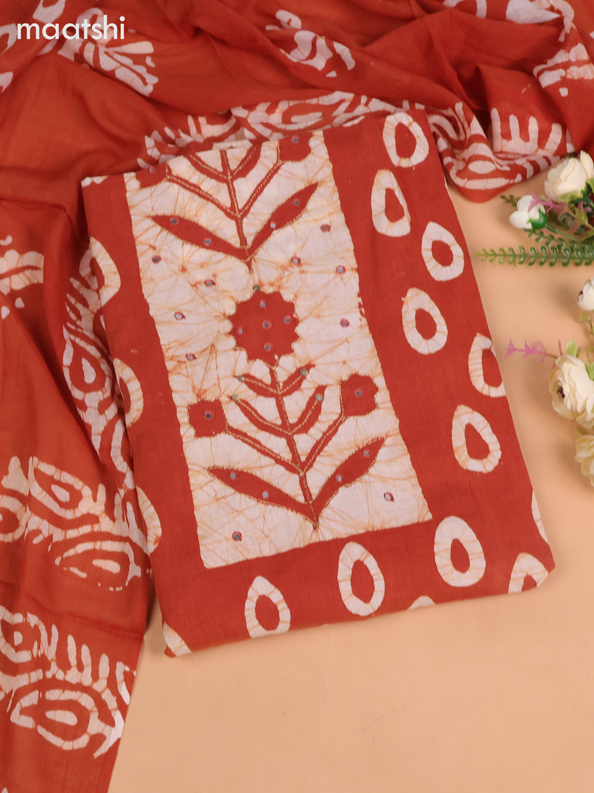 Cotton dress material dark mustard with allover batik buttas & mirror embroidery work neck pattern and bottom & dupatta