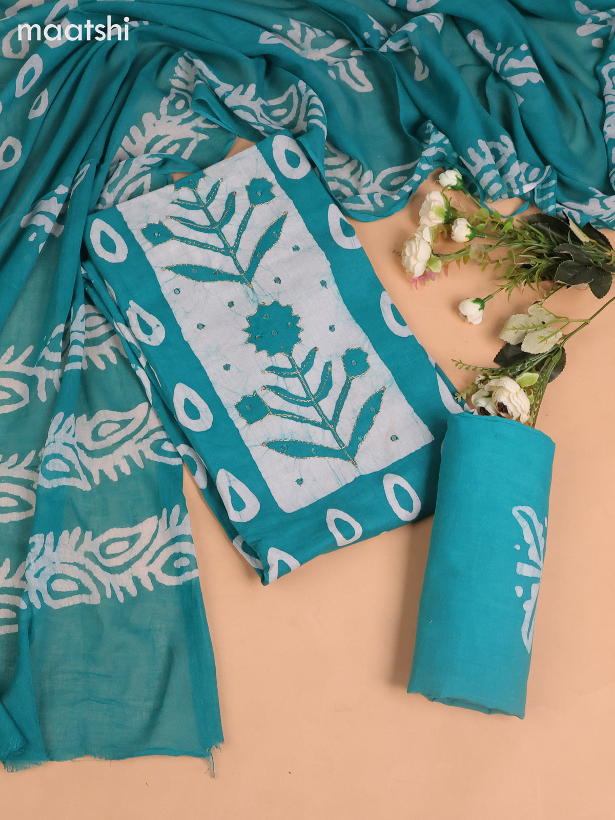 Cotton dress material teal green with allover batik buttas & mirror embroidery work neck pattern and bottom & dupatta