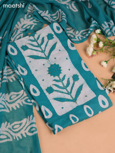 Cotton dress material teal green with allover batik buttas & mirror embroidery work neck pattern and bottom & dupatta