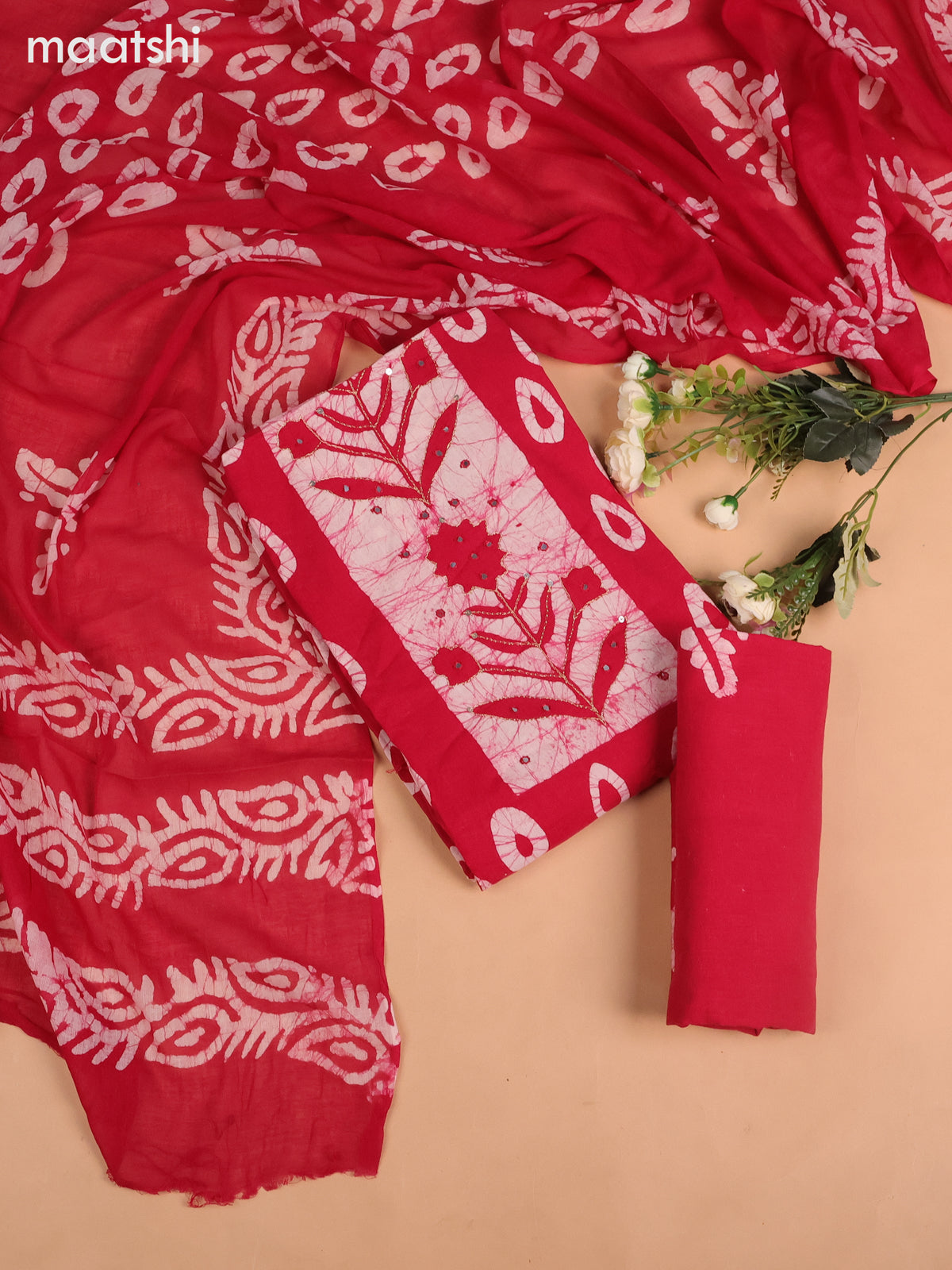 Cotton dress material reddish pink with allover batik buttas & mirror embroidery work neck pattern and bottom & dupatta