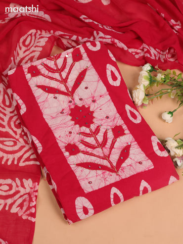 Cotton dress material reddish pink with allover batik buttas & mirror embroidery work neck pattern and bottom & dupatta