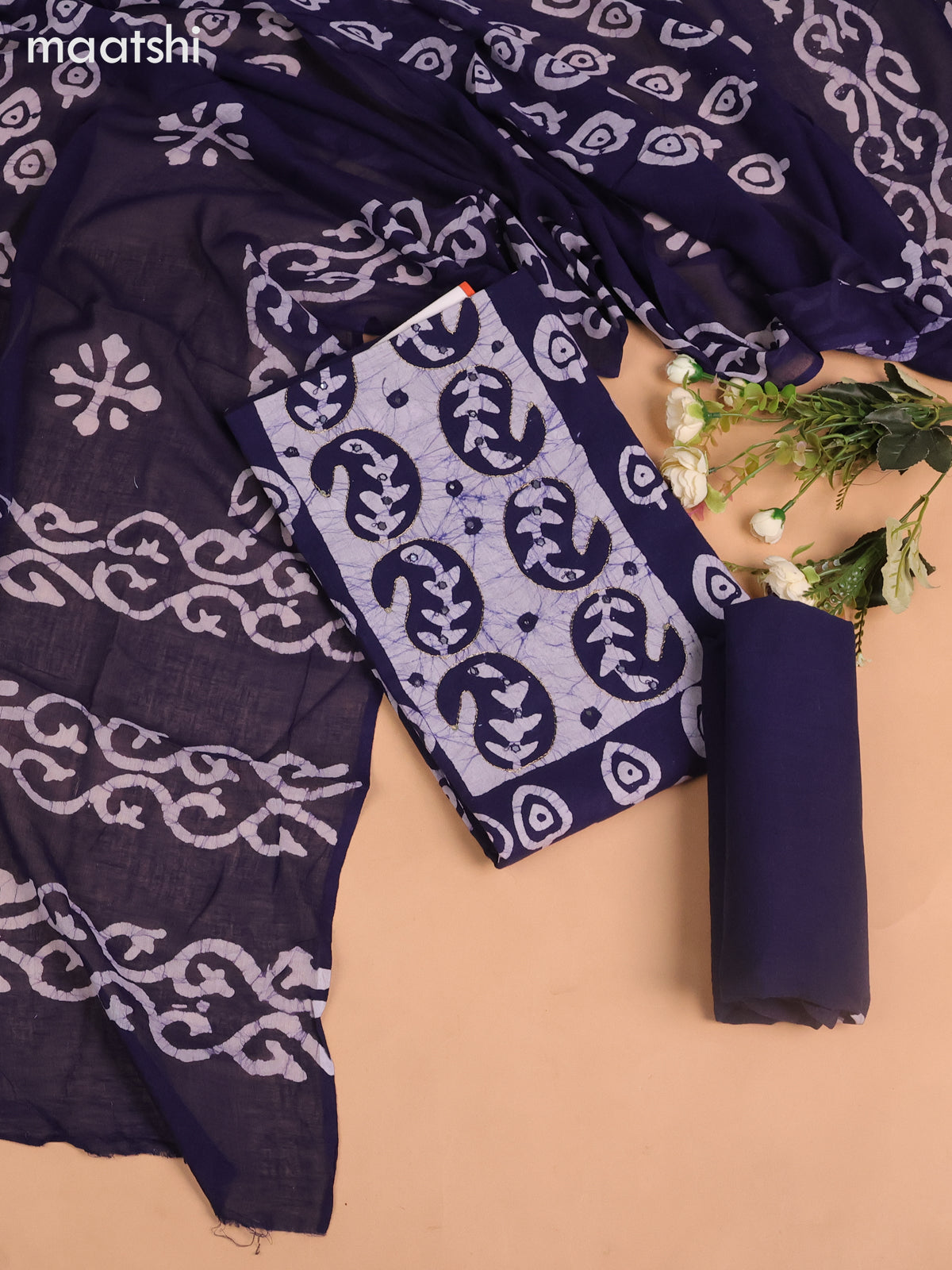 Cotton dress material navy blue with allover batik buttas & mirror embroidery work neck pattern and bottom & dupatta