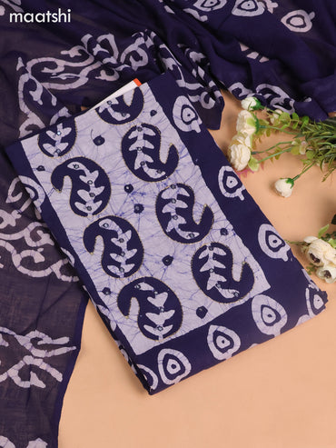 Cotton dress material navy blue with allover batik buttas & mirror embroidery work neck pattern and bottom & dupatta