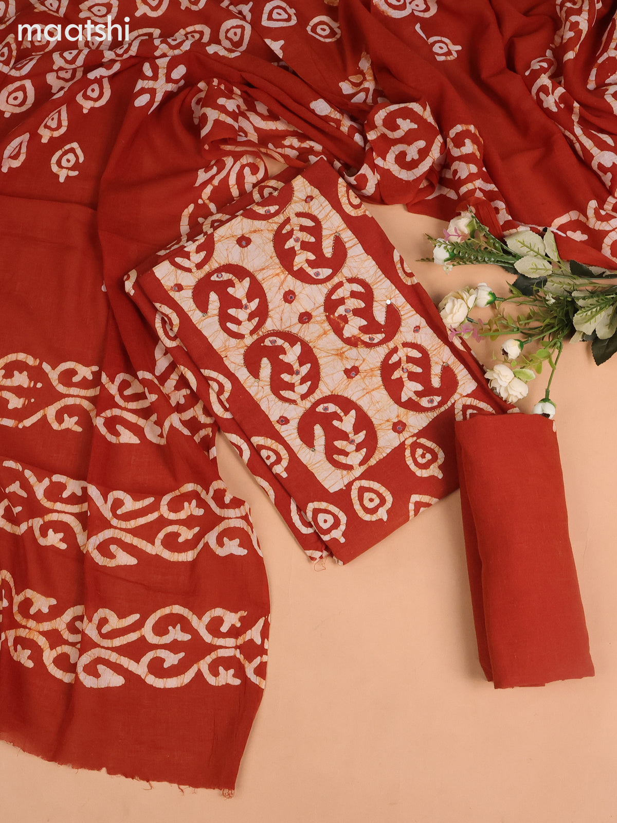 Cotton dress material rust shade and beige with allover batik buttas & mirror embroidery work neck pattern and bottom & dupatta