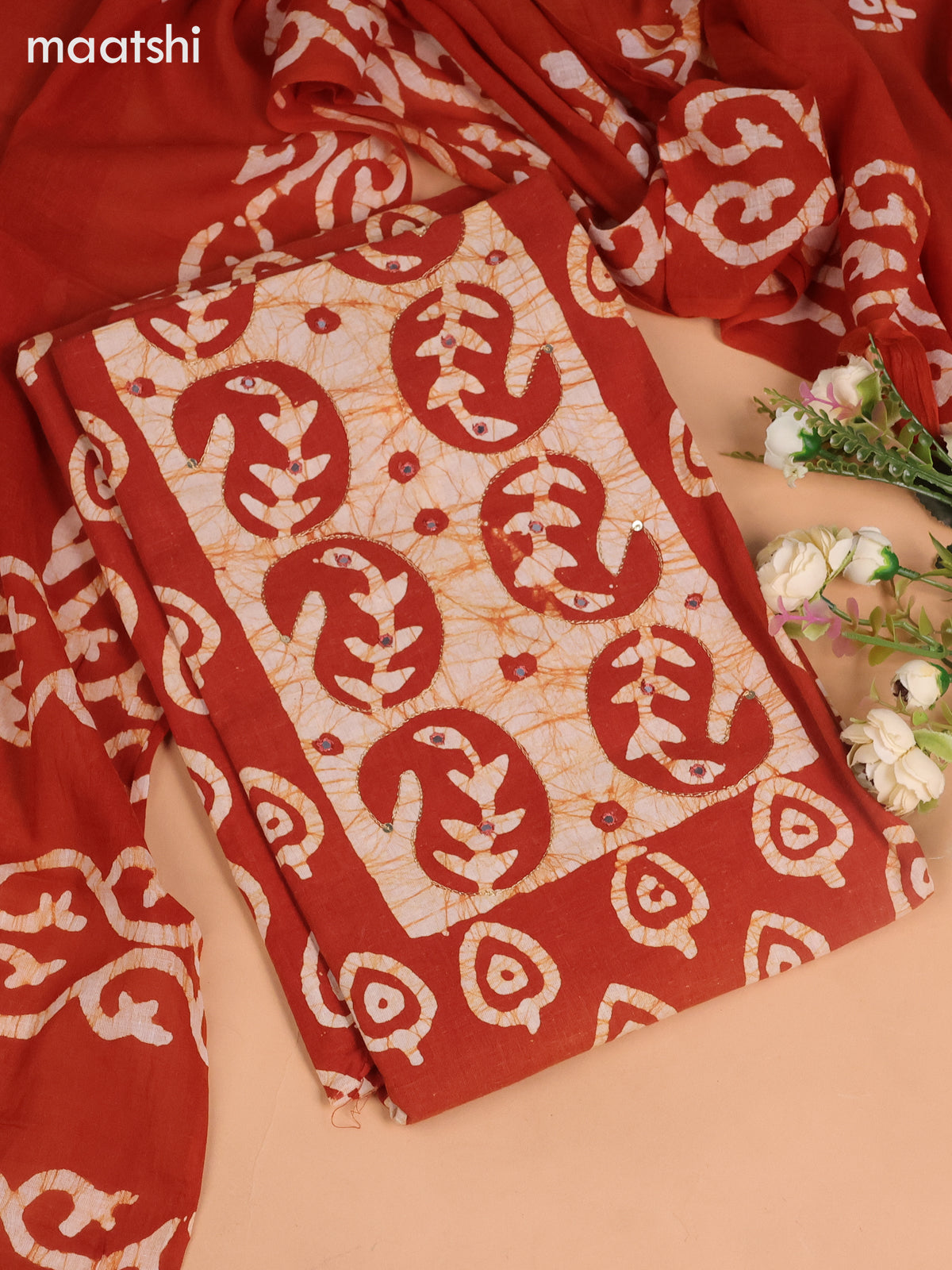 Cotton dress material rust shade and beige with allover batik buttas & mirror embroidery work neck pattern and bottom & dupatta