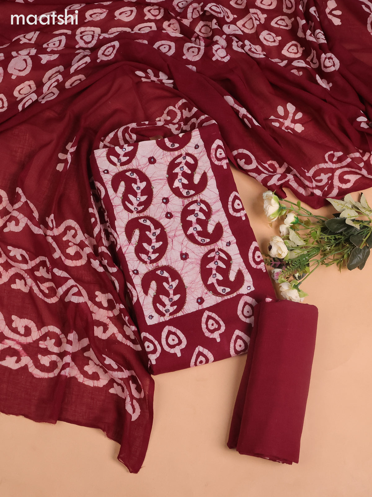 Cotton dress material dark maroon and beige with allover batik buttas & mirror embroidery work neck pattern and bottom & dupatta