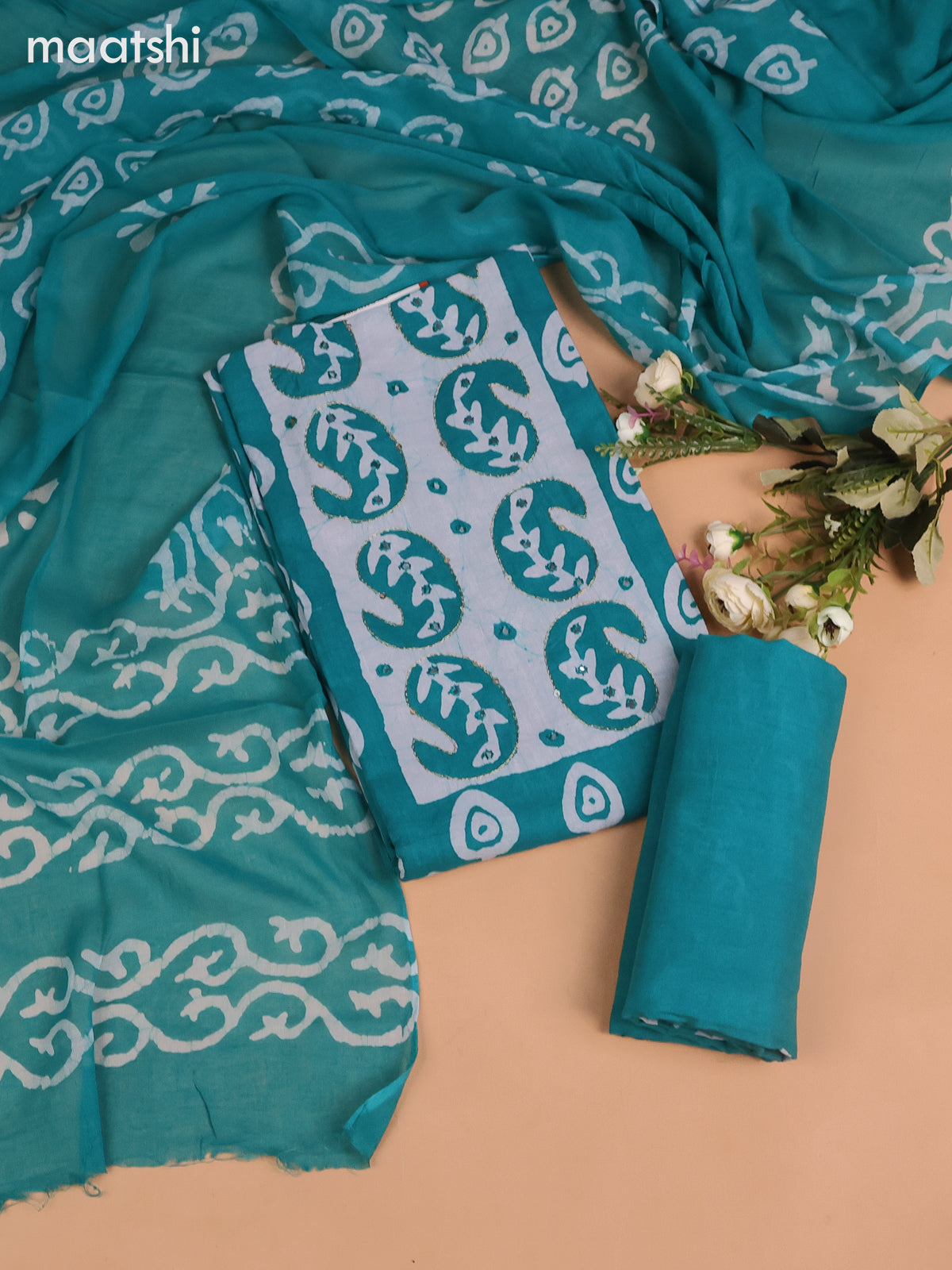 Cotton dress material teal green with allover batik buttas & mirror embroidery work neck pattern and bottom & dupatta