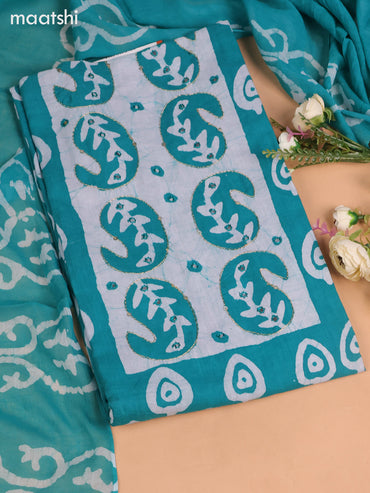 Cotton dress material teal green with allover batik buttas & mirror embroidery work neck pattern and bottom & dupatta
