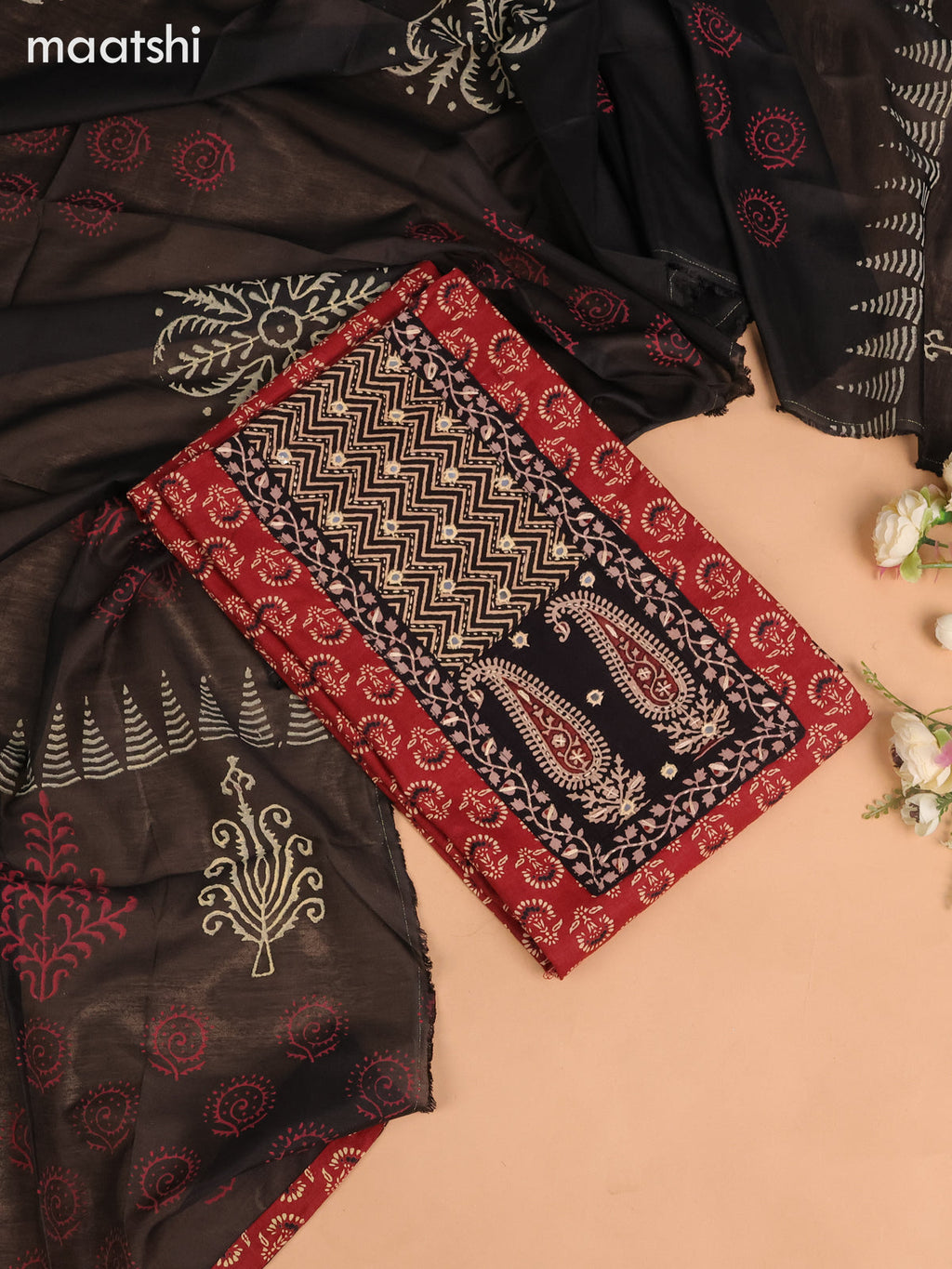 Cotton dress material maroon and black with allover butta prints & patck work neck pattern and bottom & dupatta