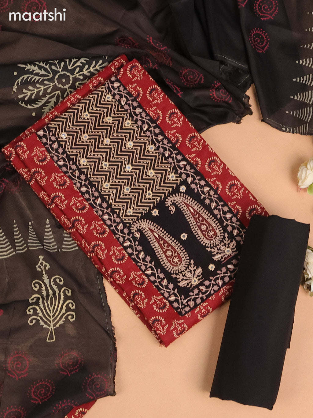 Cotton dress material maroon and black with allover butta prints & patck work neck pattern and bottom & dupatta