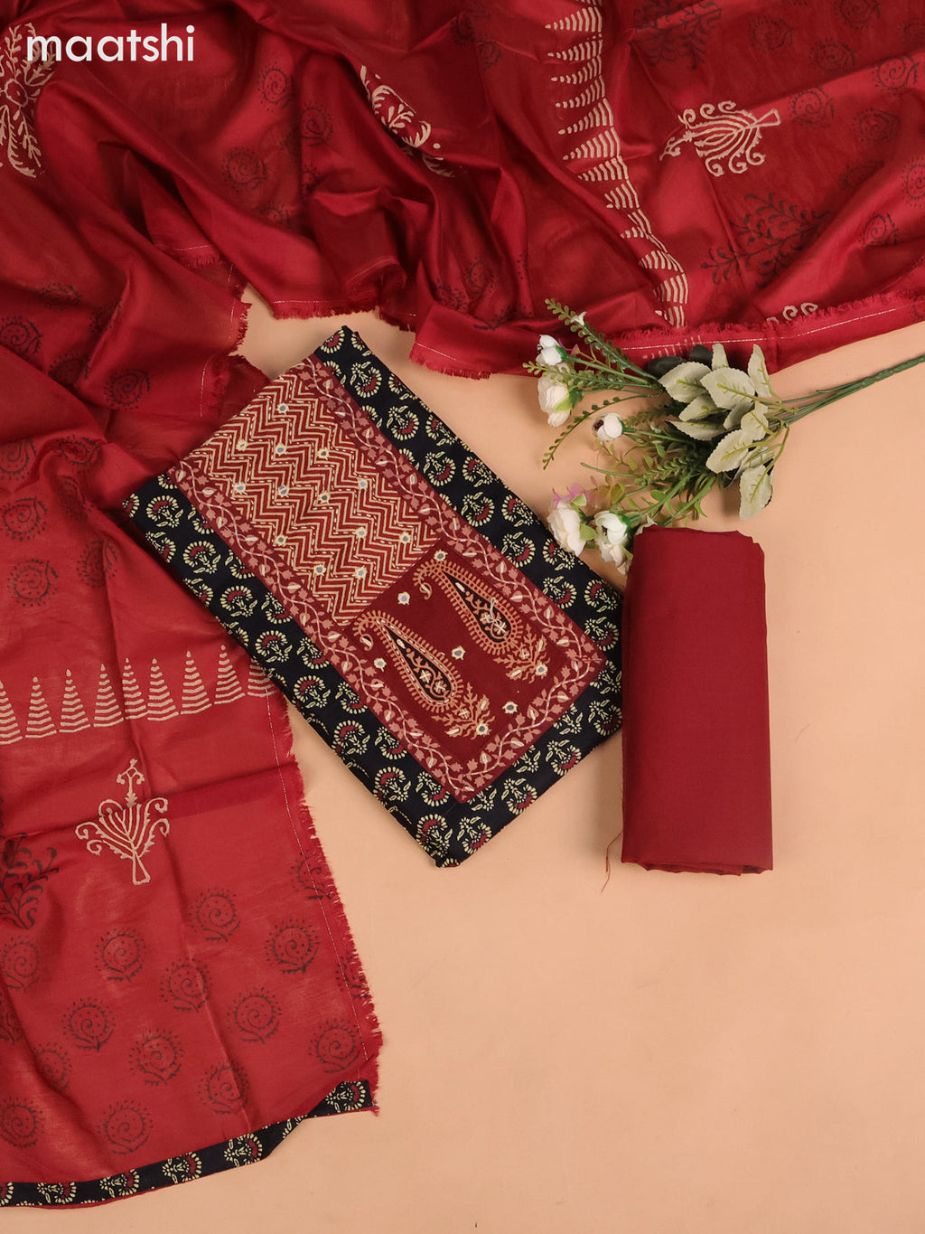 Cotton dress material black and maroon with allover butta prints & patck work neck pattern and bottom & dupatta