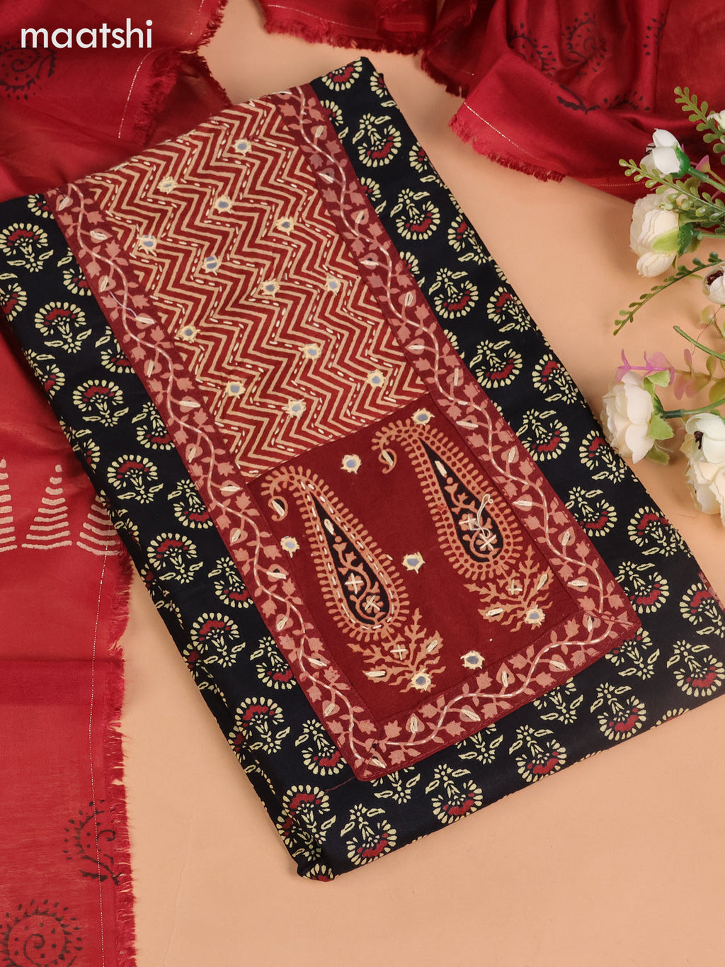 Cotton dress material black and maroon with allover butta prints & patck work neck pattern and bottom & dupatta