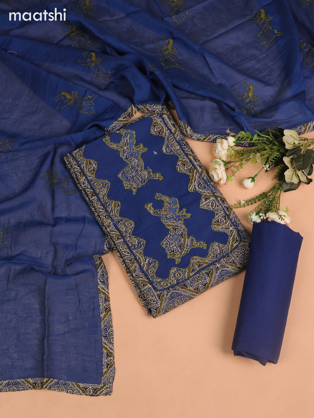 Cotton dress material sap green and blue with ajrakh prints & patch work neck pattern and bottom & embroidery dupatta