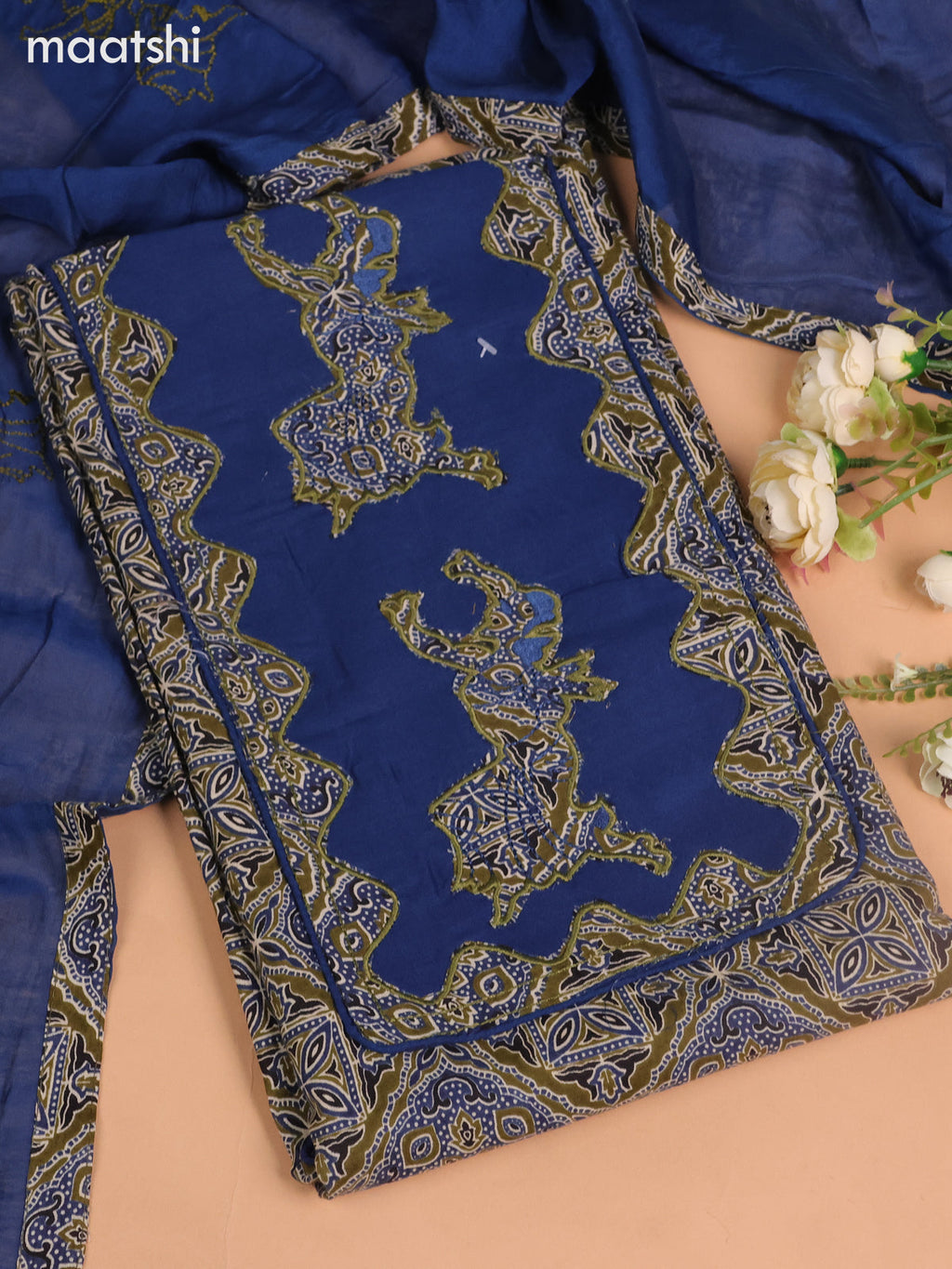 Cotton dress material sap green and blue with ajrakh prints & patch work neck pattern and bottom & embroidery dupatta