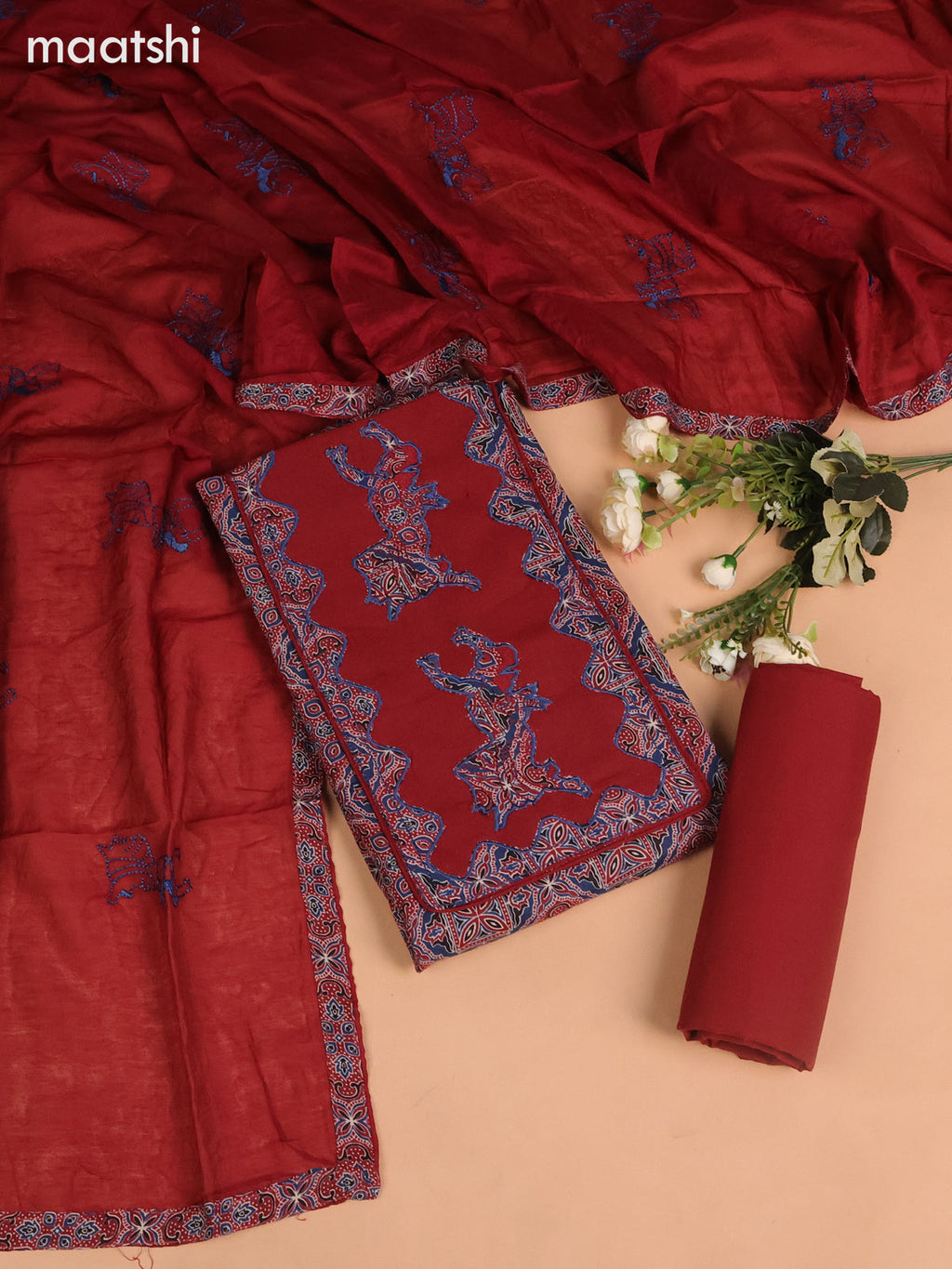 Cotton dress material maroon and blue with ajrakh prints & patch work neck pattern and bottom & embroidery dupatta
