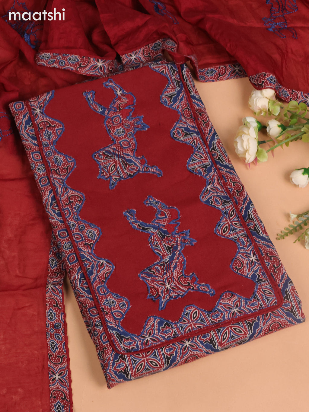 Cotton dress material maroon and blue with ajrakh prints & patch work neck pattern and bottom & embroidery dupatta