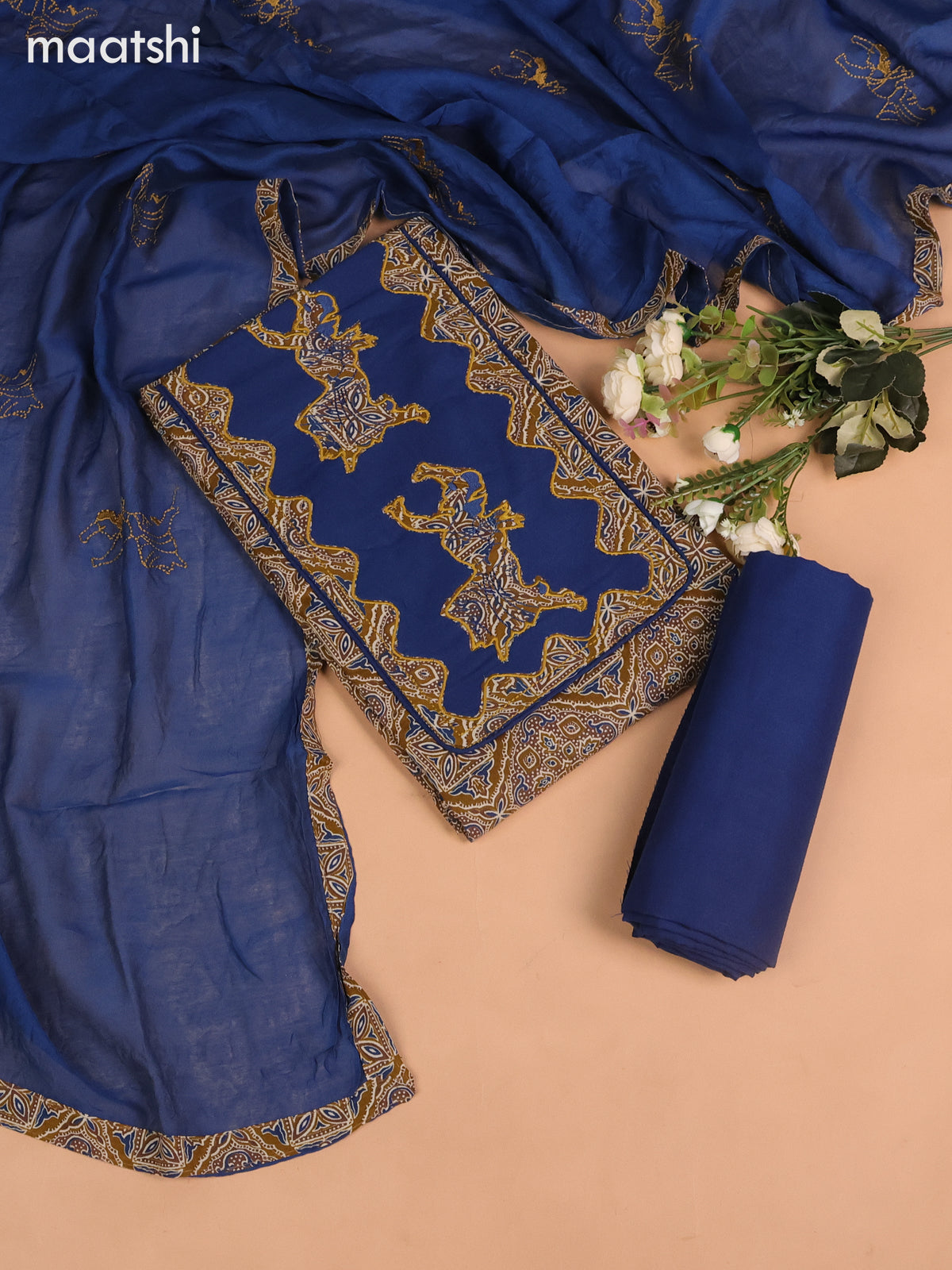 Cotton dress material dark mustard and blue with ajrakh prints & patch work neck pattern and bottom & embroidery dupatta