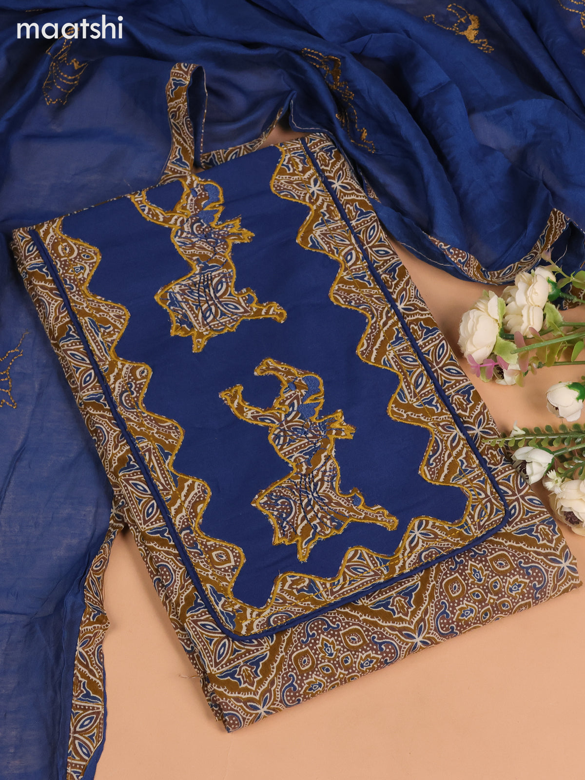 Cotton dress material dark mustard and blue with ajrakh prints & patch work neck pattern and bottom & embroidery dupatta