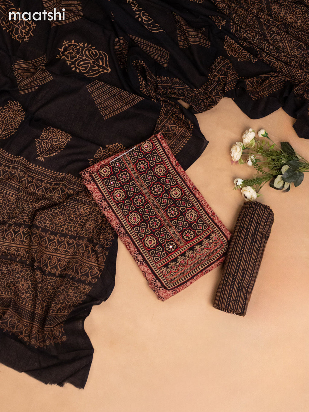 Cotton dress material rustic maroon and black with ajrakh prints & patch work neck pattern and bottom & dupatta