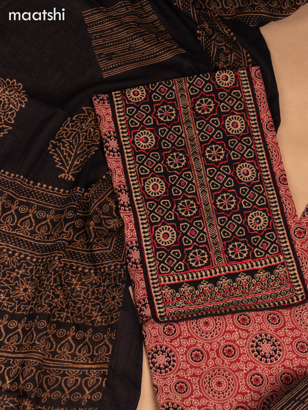 Cotton dress material rustic maroon and black with ajrakh prints & patch work neck pattern and bottom & dupatta