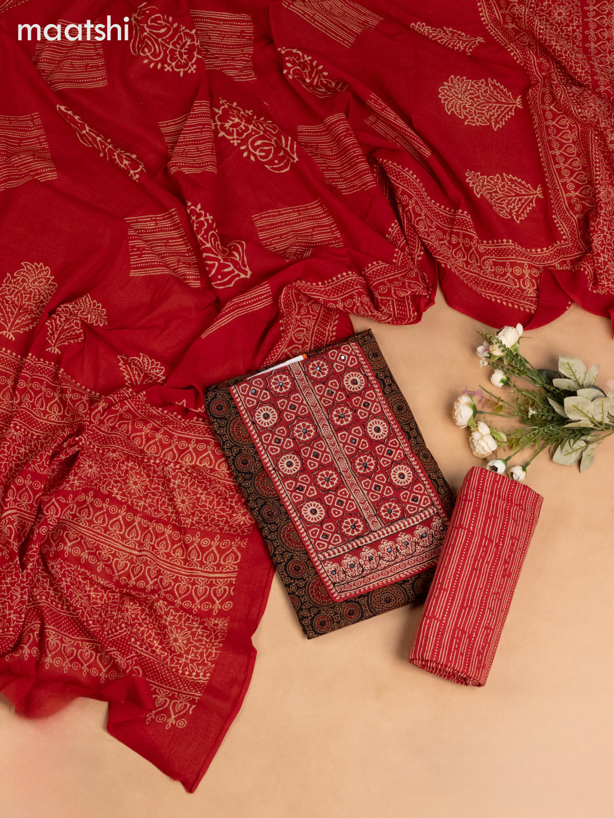 Cotton dress material black and rustic maroon with ajrakh prints & patch work neck pattern and bottom & dupatta