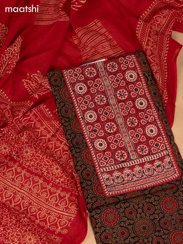 Cotton dress material black and rustic maroon with ajrakh prints & patch work neck pattern and bottom & dupatta