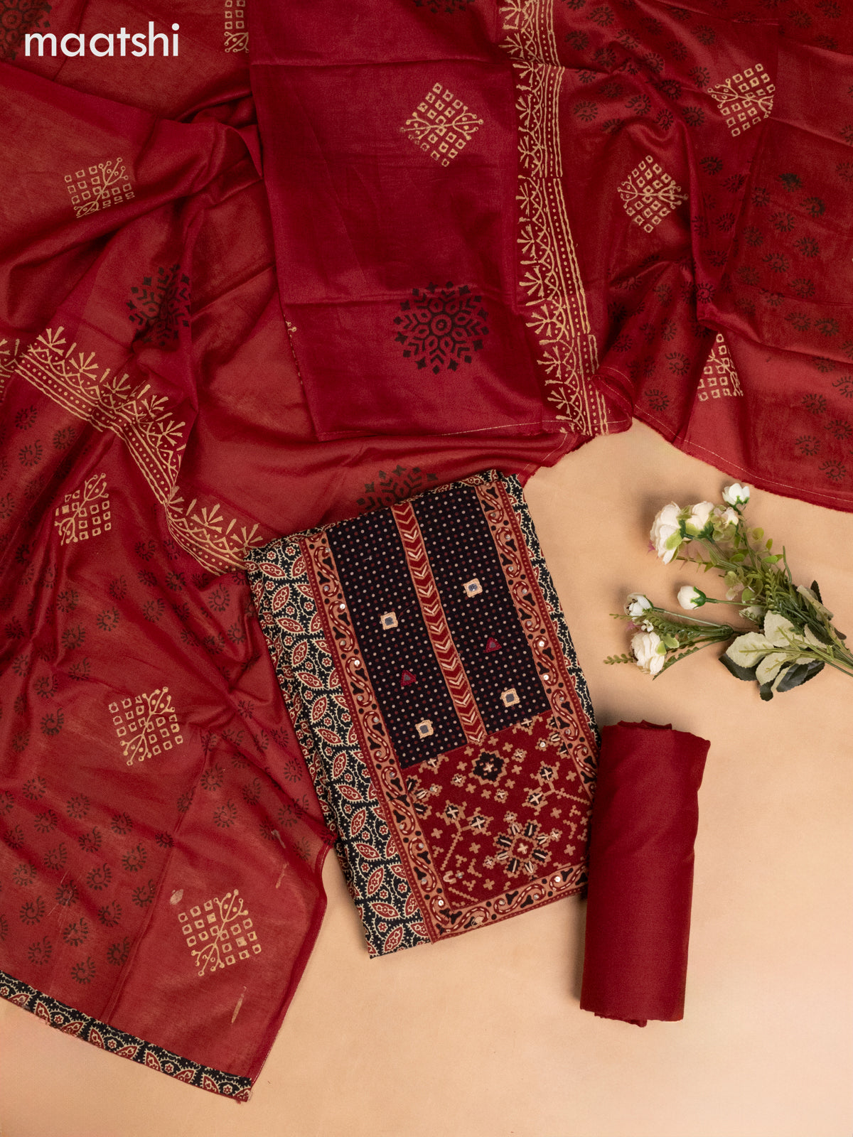 Cotton dress material black and maroon with allover prints & ikat patck work neck pattern and bottom & dupatta