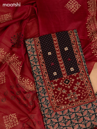 Cotton dress material black and maroon with allover prints & ikat patck work neck pattern and bottom & dupatta