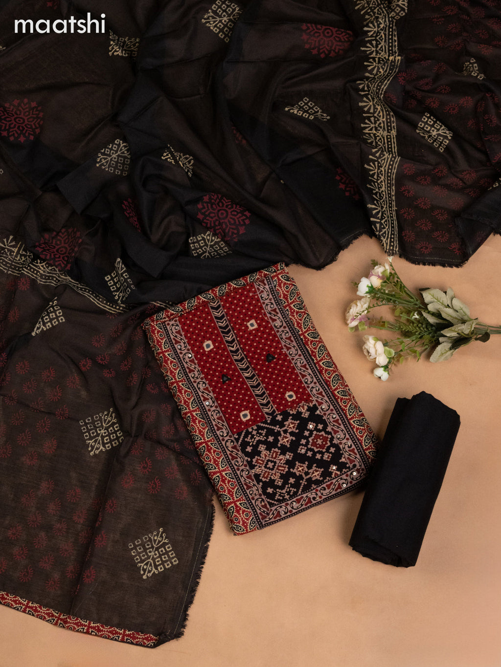 Cotton dress material maroon and black with allover prints & ikat patck work neck pattern and bottom & dupatta