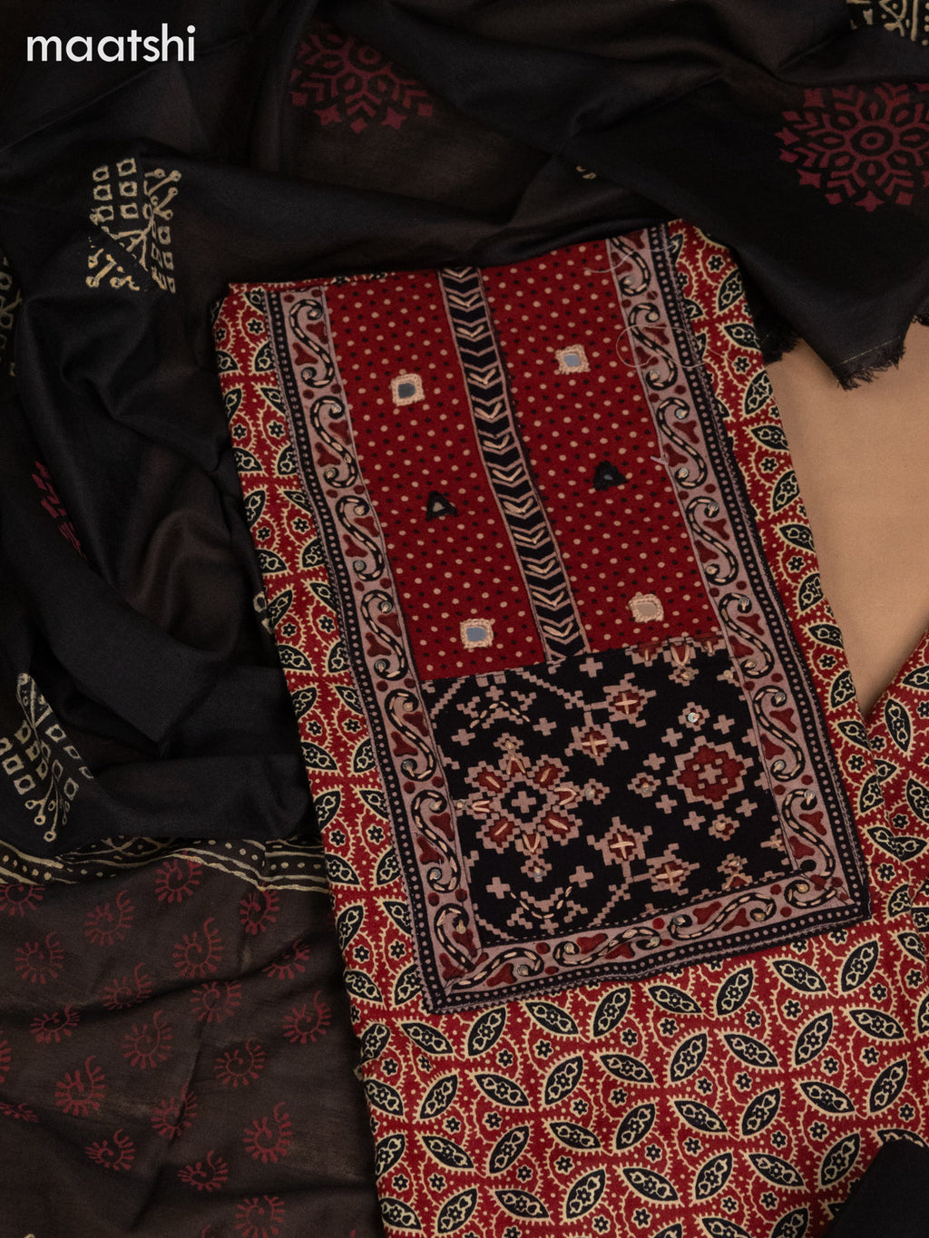 Cotton dress material maroon and black with allover prints & ikat patck work neck pattern and bottom & dupatta