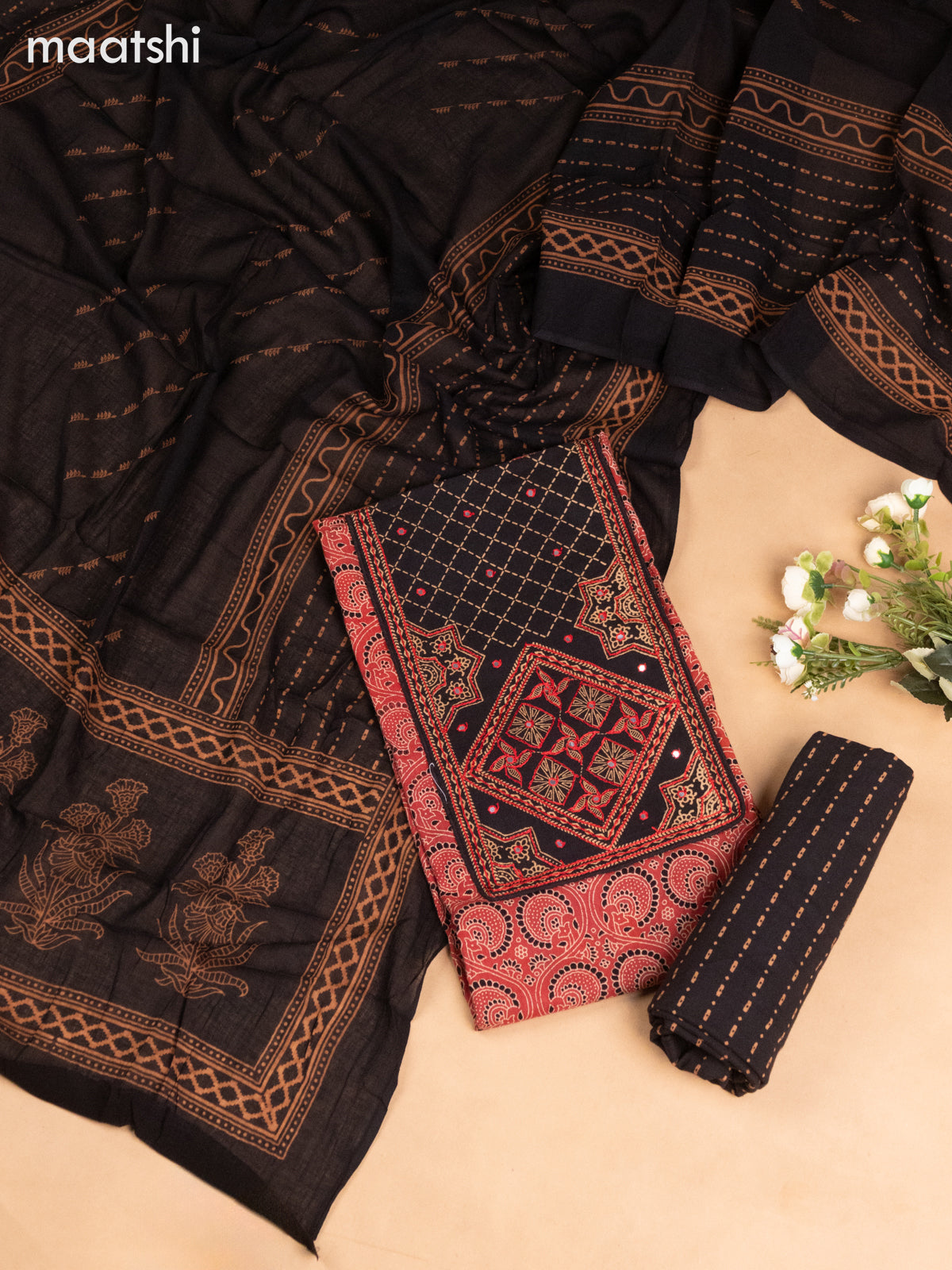 Cotton dress material maroon and black with ajrakh prints & patch work neck pattern and bottom & dupatta