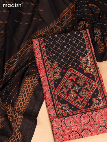 Cotton dress material maroon and black with ajrakh prints & patch work neck pattern and bottom & dupatta